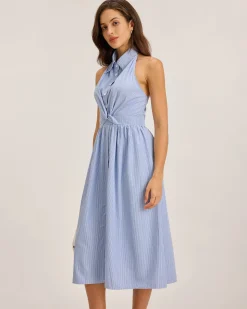 Blue Striped Twist Backless Midi Dress