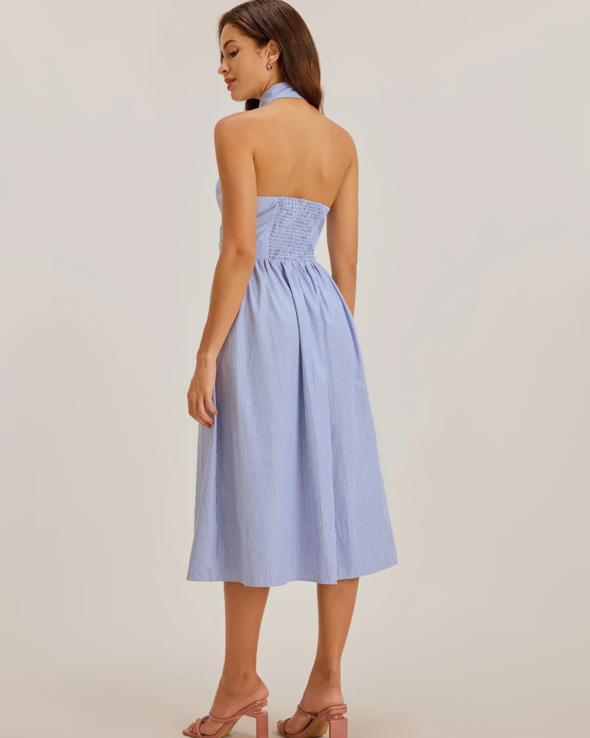 Blue Striped Twist Backless Midi Dress