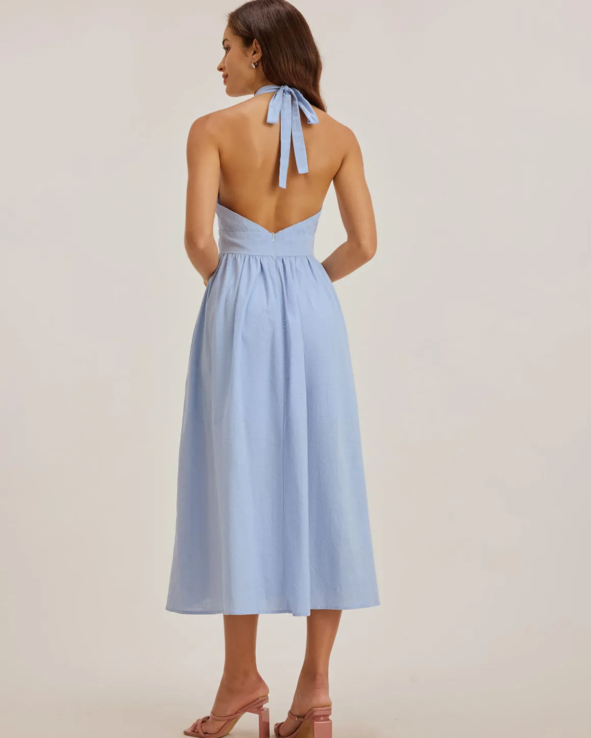 Blue Striped Twist Backless Midi Dress