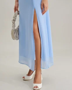Blue Sweetheart Neck Chiffon Maxi Dress