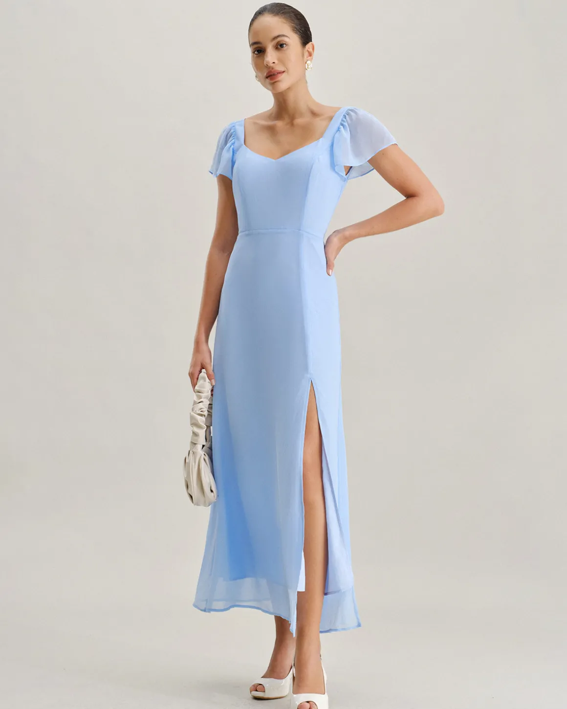 Blue Sweetheart Neck Chiffon Maxi Dress