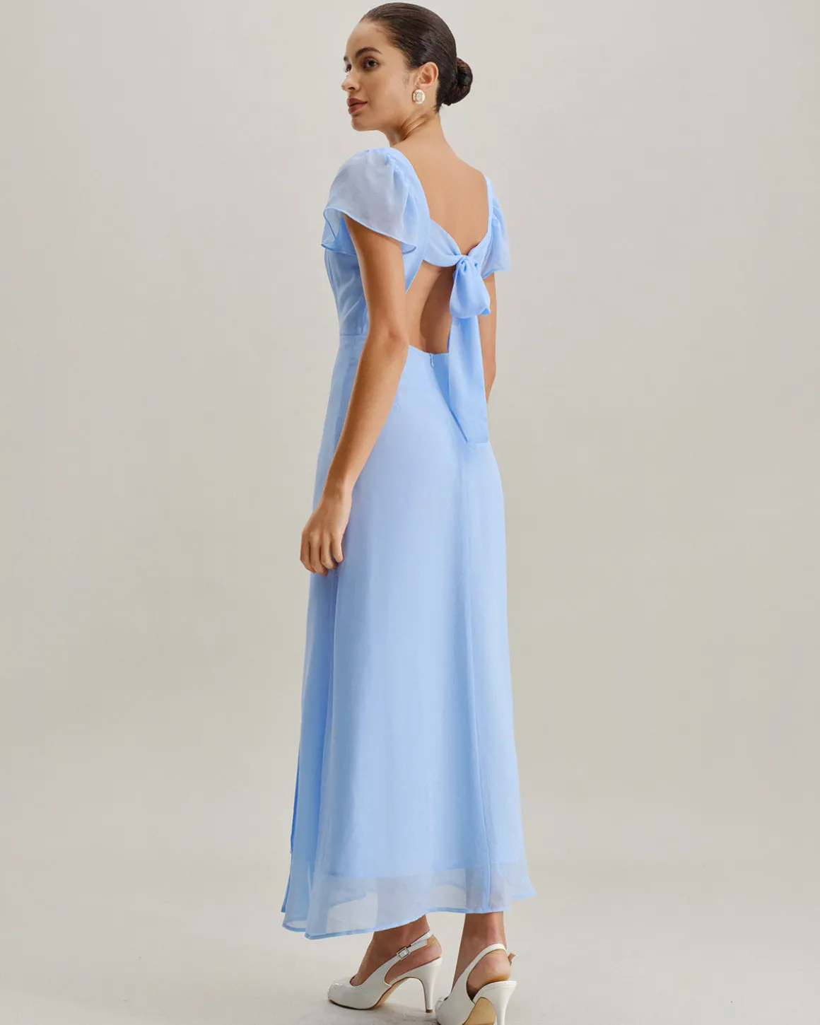 Blue Sweetheart Neck Chiffon Maxi Dress