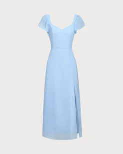 Blue Sweetheart Neck Chiffon Maxi Dress