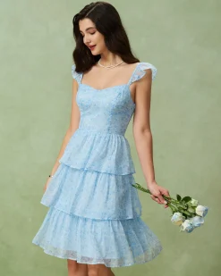 Blue Sweetheart Neck Tiered Midi Dress