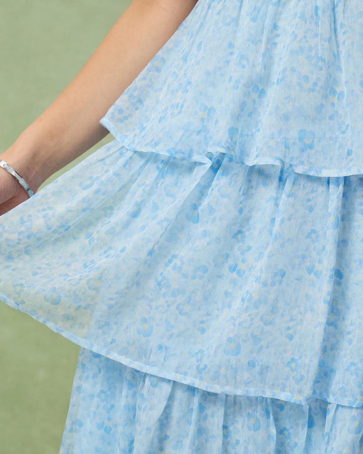 Blue Sweetheart Neck Tiered Midi Dress