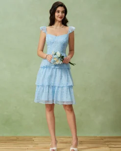 Blue Sweetheart Neck Tiered Midi Dress