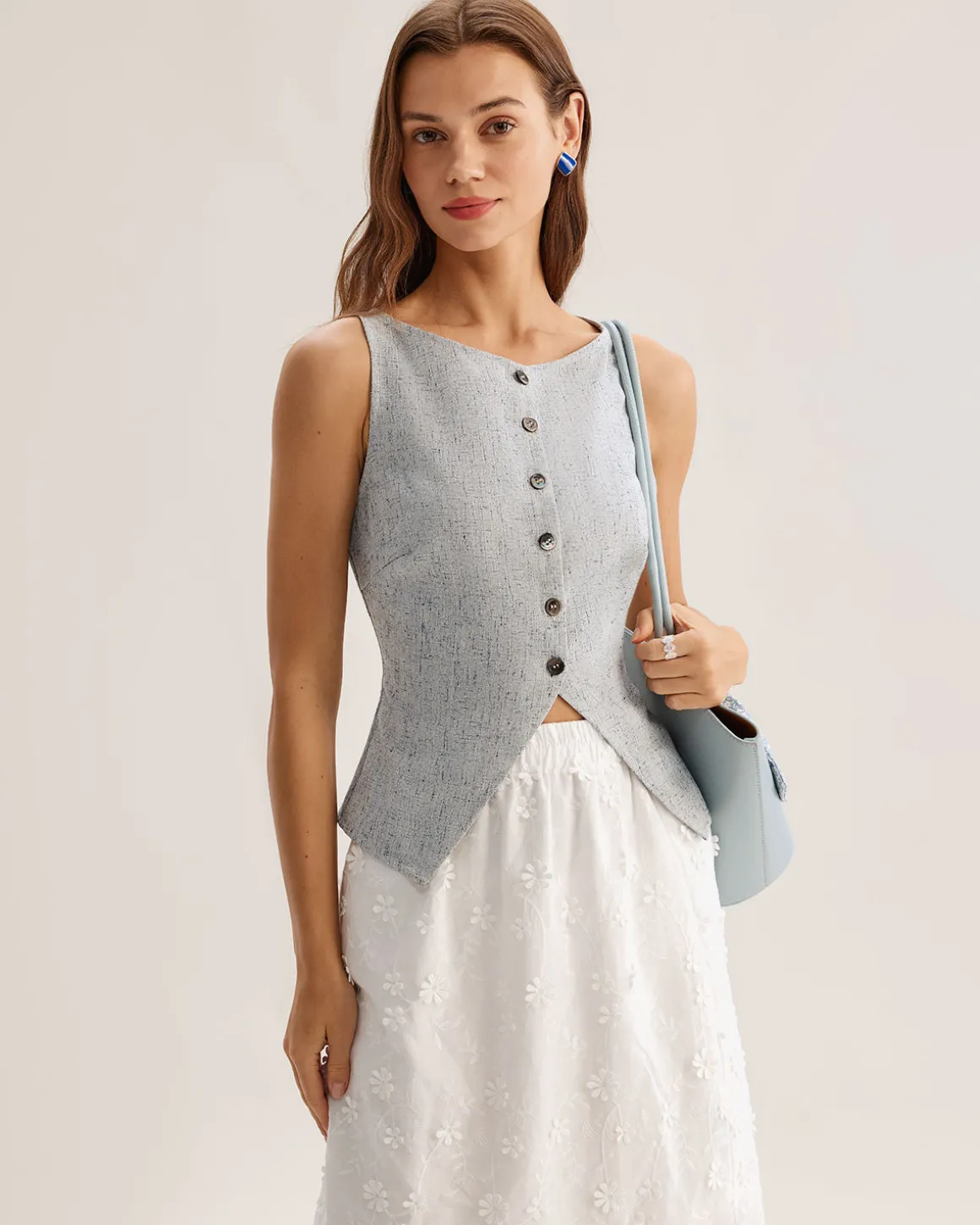 Blue Textured Button Vest