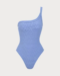 Blue Textured One-Shoulder One-Piece Swimsuit