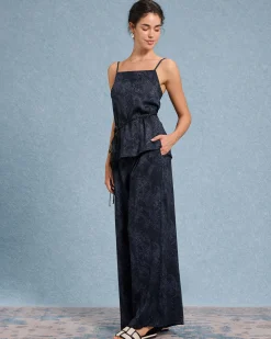 Blue Textured Wide Leg Pants