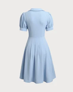 Blue U Neck Puffed Sleeve Pleated Midi Dress