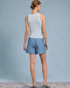 Blue V Neck Button Knit Tank Top