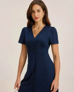 Blue V Neck Button Pleated Midi Dress