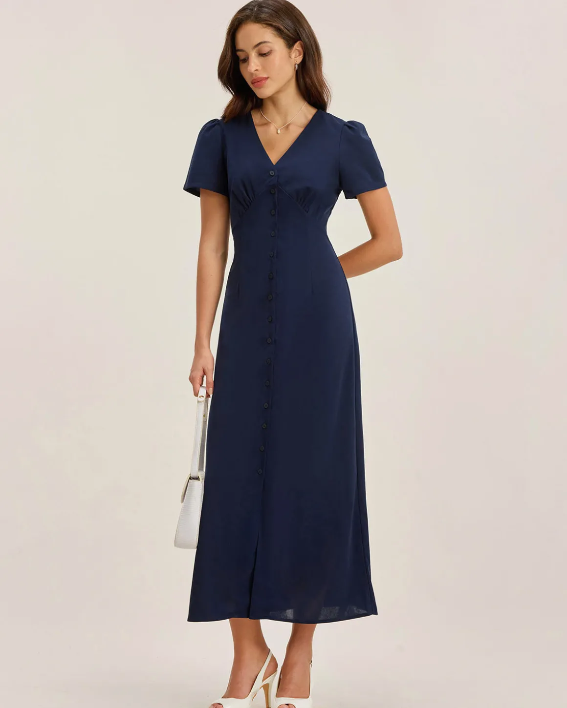 Blue V Neck Button Pleated Midi Dress