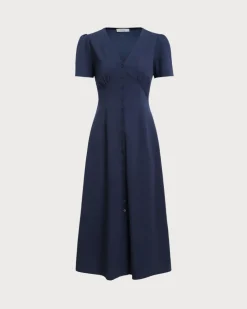 Blue V Neck Button Pleated Midi Dress