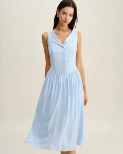Blue V Neck Button Sleeveless Midi Dress