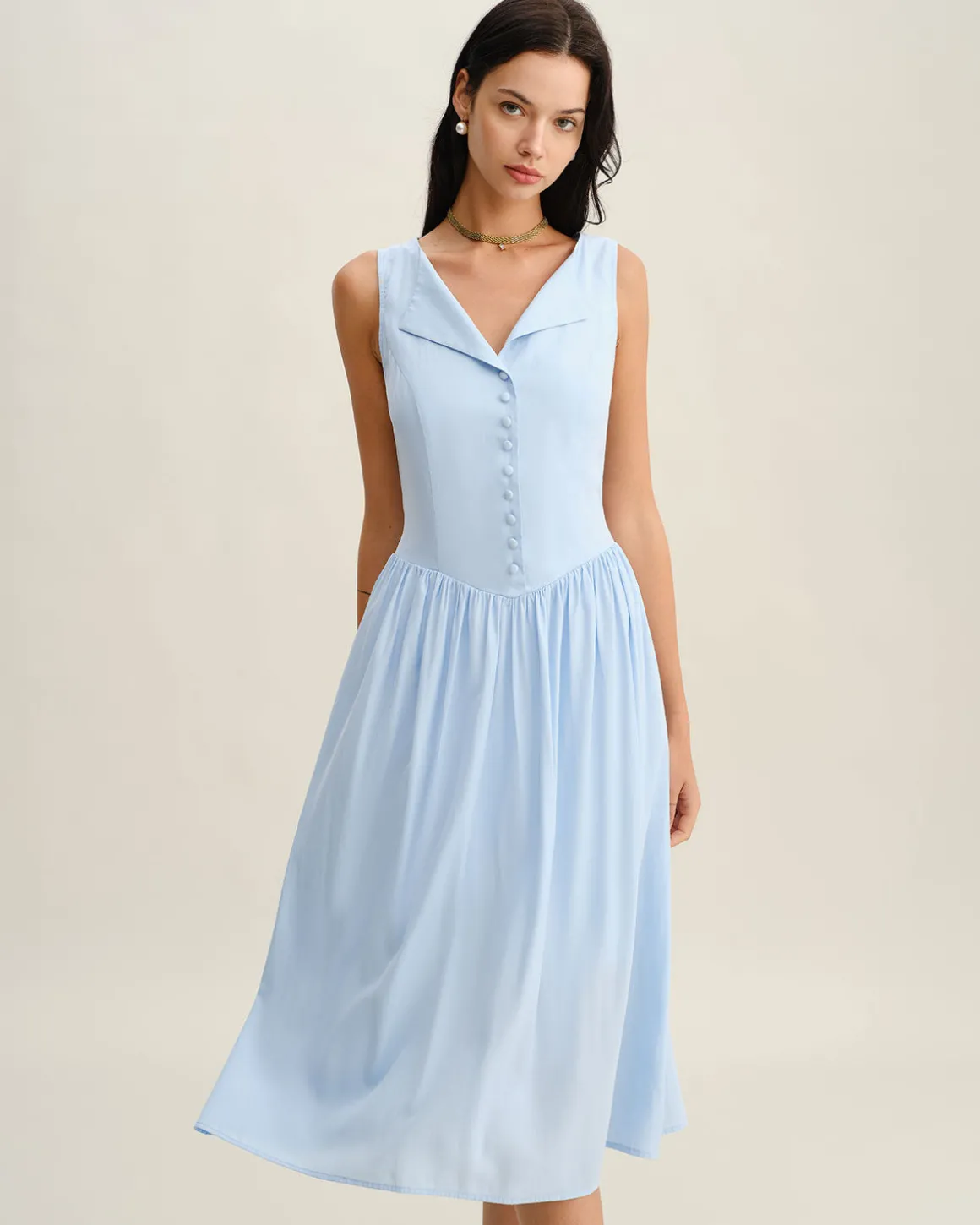Blue V Neck Button Sleeveless Midi Dress
