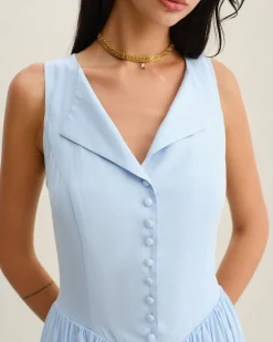Blue V Neck Button Sleeveless Midi Dress