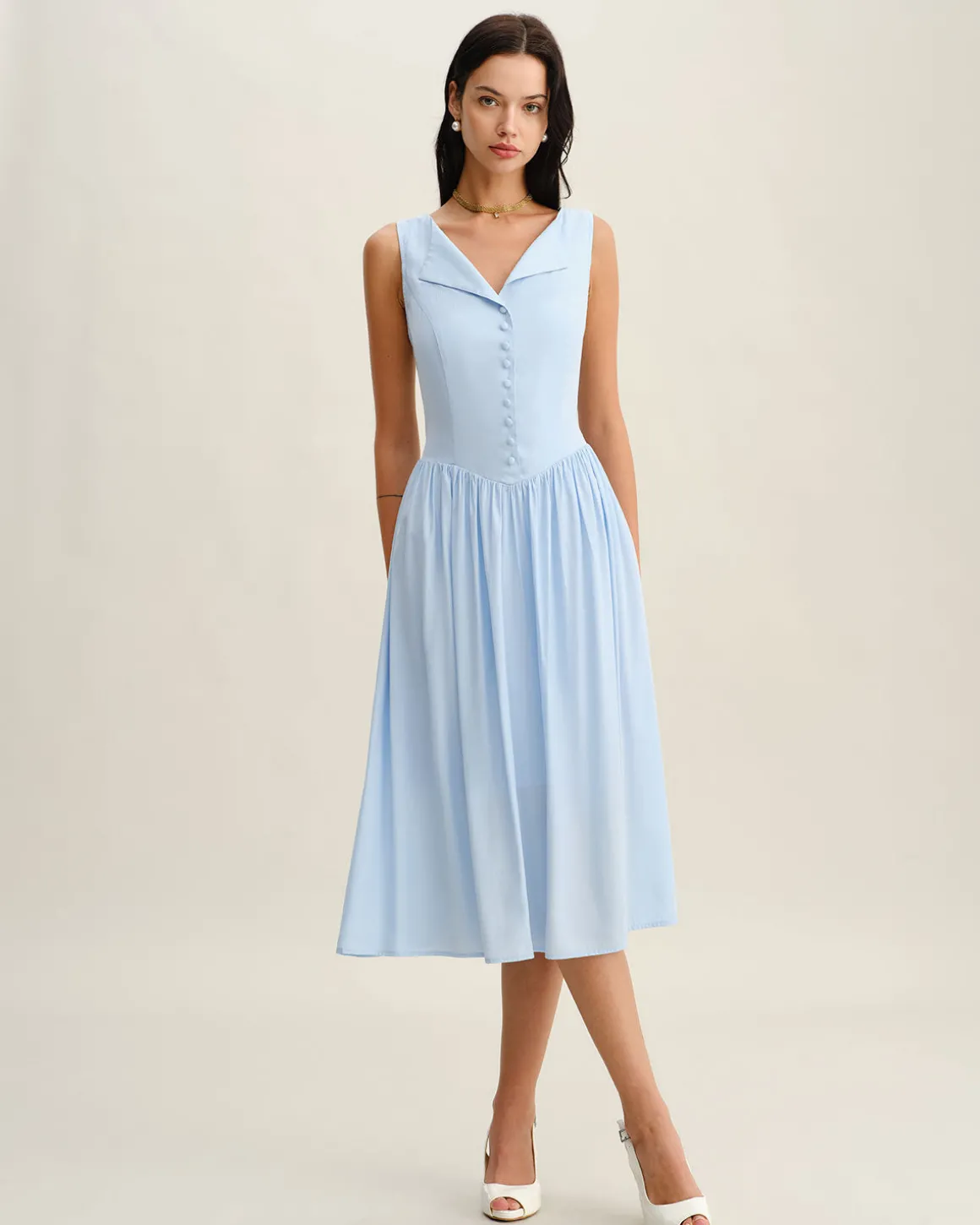 Blue V Neck Button Sleeveless Midi Dress