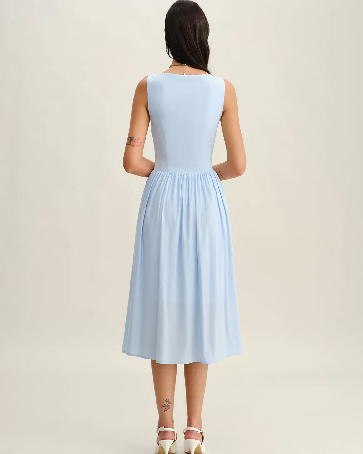 Blue V Neck Button Sleeveless Midi Dress