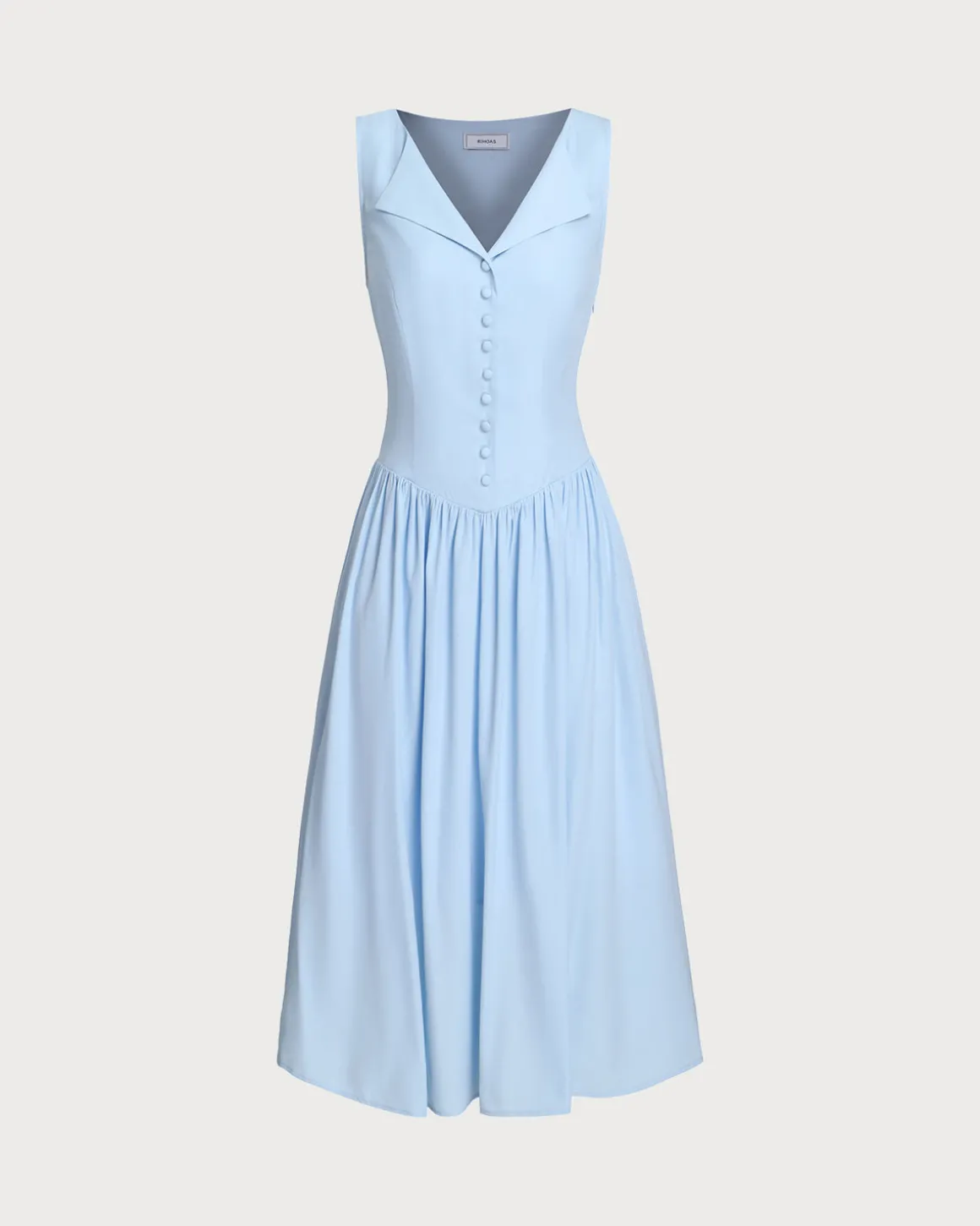 Blue V Neck Button Sleeveless Midi Dress