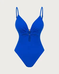 Blue V Neck O-Ring One-Piece Swimsuit