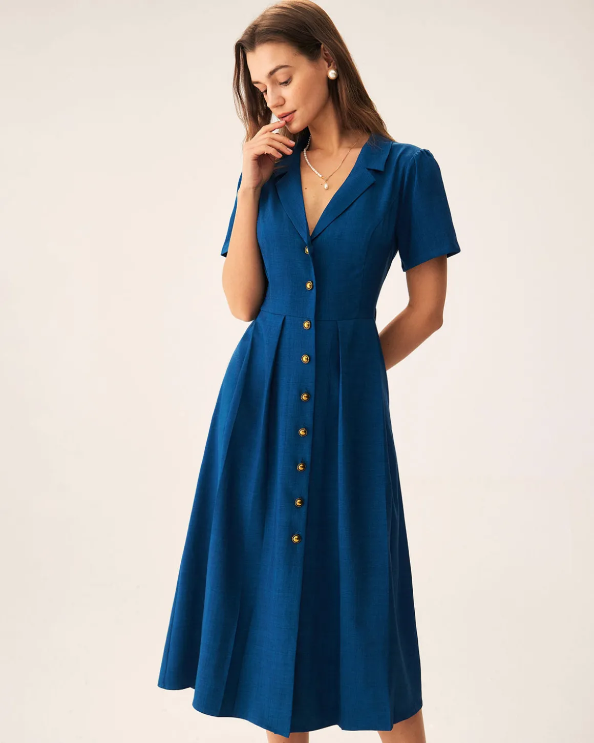 Blue V Neck Pleated Button Midi Dress