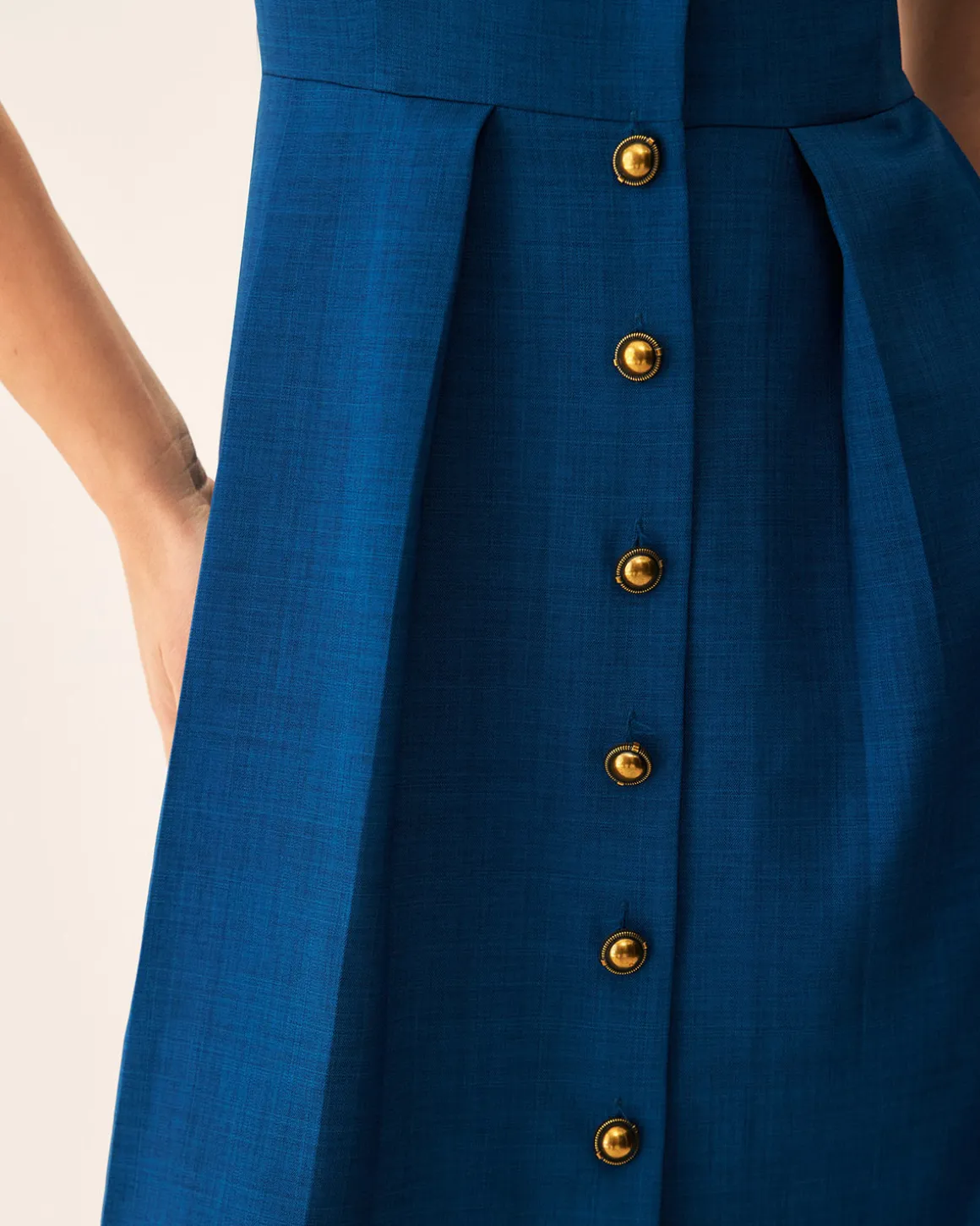 Blue V Neck Pleated Button Midi Dress