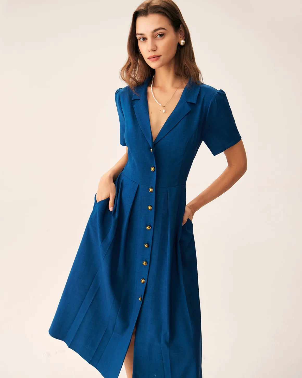 Blue V Neck Pleated Button Midi Dress
