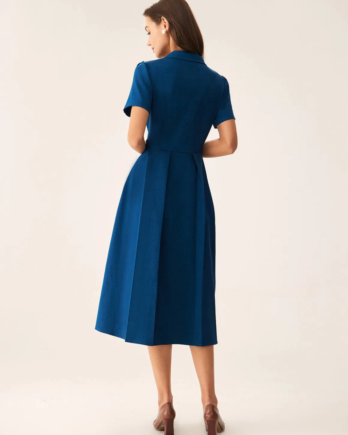 Blue V Neck Pleated Button Midi Dress