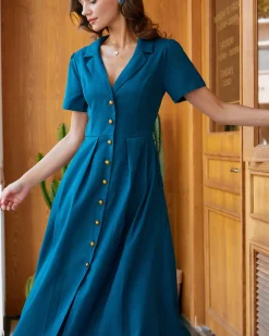 Blue V Neck Pleated Button Midi Dress