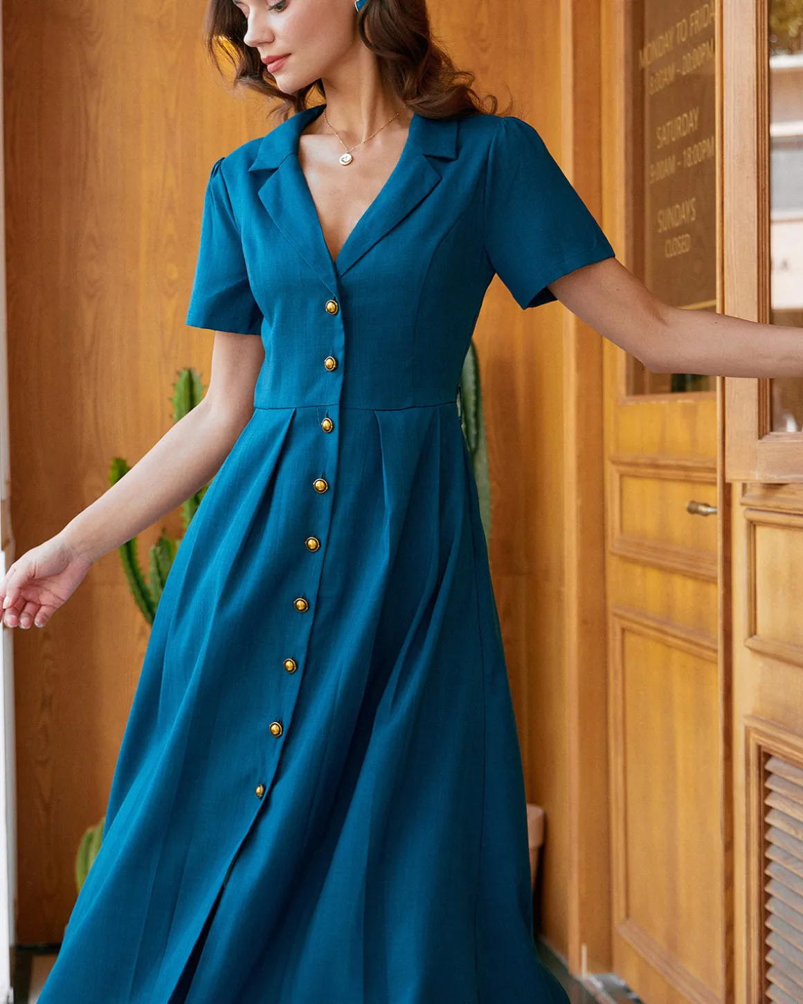 Blue V Neck Pleated Button Midi Dress