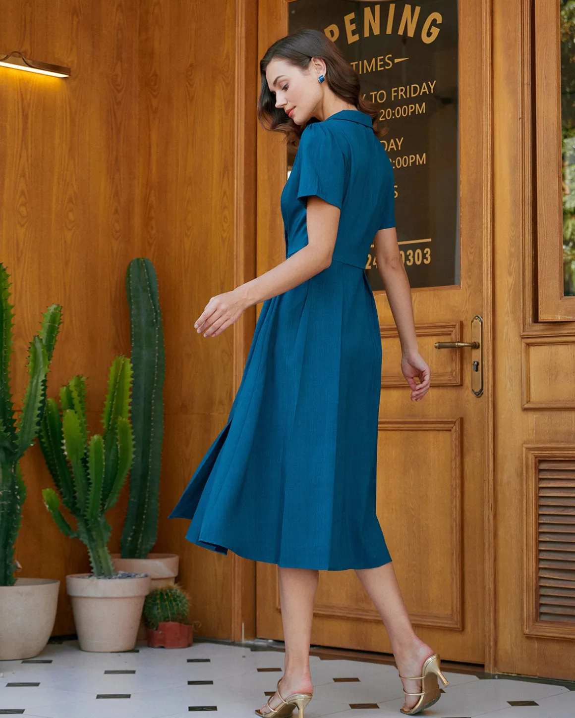 Blue V Neck Pleated Button Midi Dress