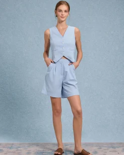 Blue V-Neck Vest Shorts Two-Piece Set