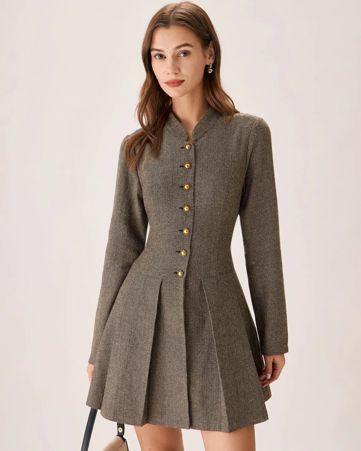 Brown Button Pleated Mini Dress