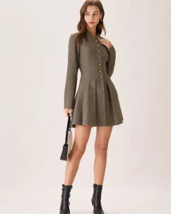 Brown Button Pleated Mini Dress