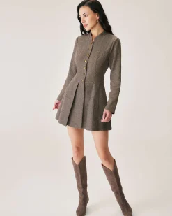 Brown Button Pleated Mini Dress