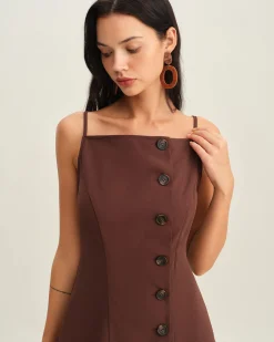 Brown Button Pleated Slip Mini Dress