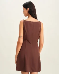 Brown Button Pleated Slip Mini Dress