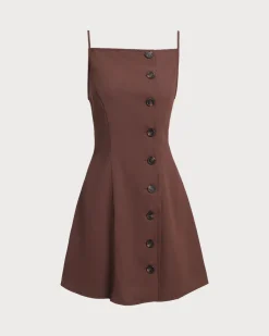 Brown Button Pleated Slip Mini Dress