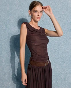 Brown Cowl Neck Belt Sleeveless Maxi Dress