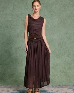 Brown Cowl Neck Belt Sleeveless Maxi Dress