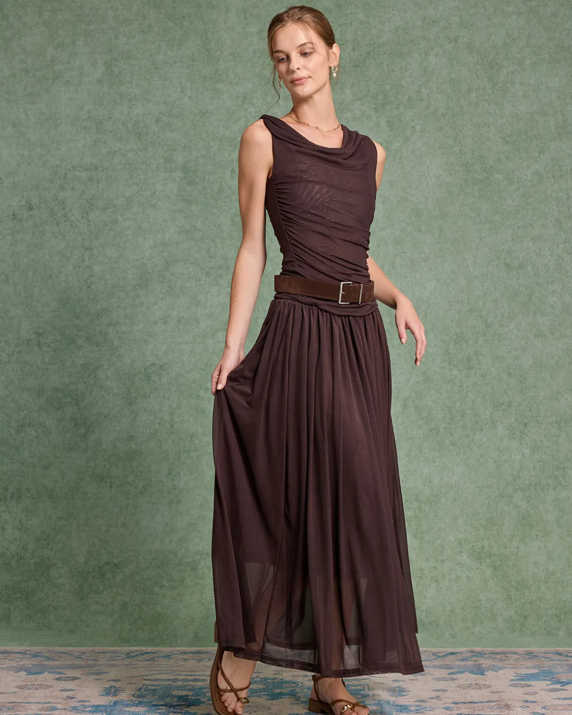 Brown Cowl Neck Belt Sleeveless Maxi Dress