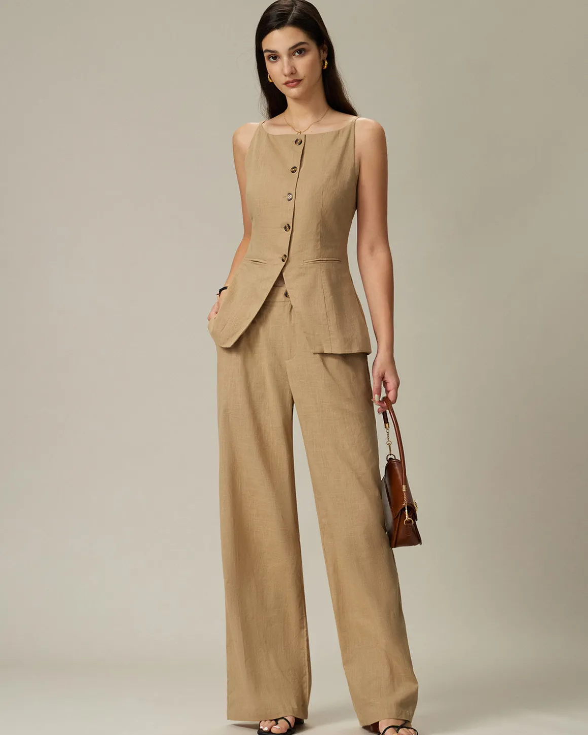 Brown Elastic Waist Pocket Straight Pants