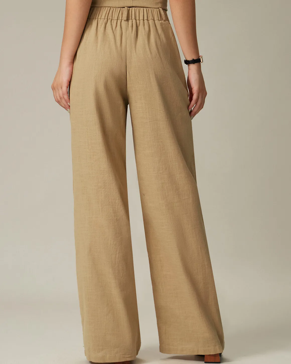 Brown Elastic Waist Pocket Straight Pants
