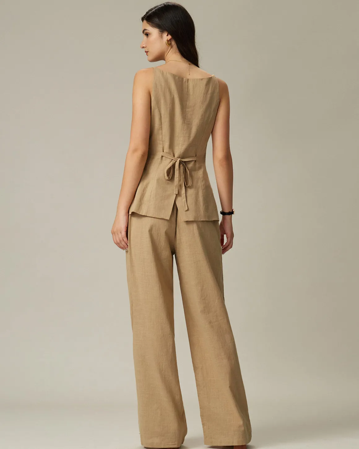 Brown Elastic Waist Pocket Straight Pants