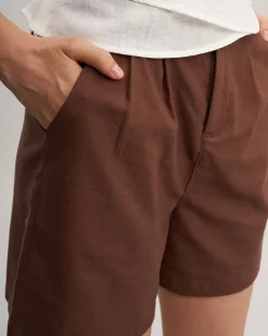 Brown Elastic Waist Pocket Shorts