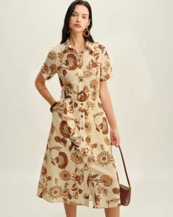 Brown Floral Belted Midi Dress