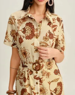 Brown Floral Belted Midi Dress
