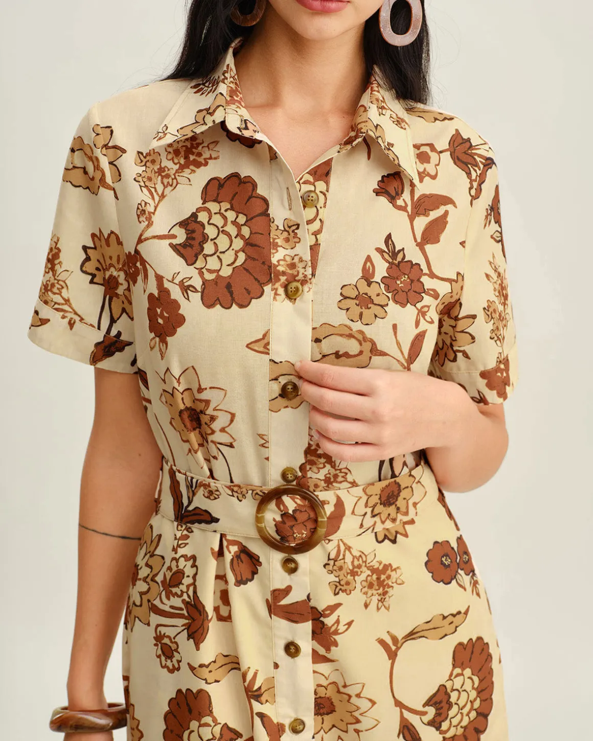 Brown Floral Belted Midi Dress