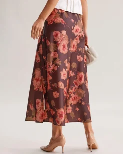 Brown Floral Straight Midi Skirt